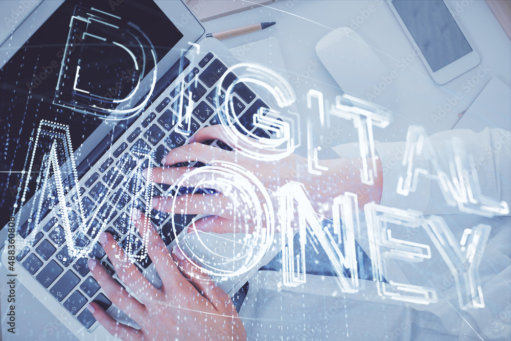 Aufkleber Double exposure of woman hands working on computer and blockchain theme hologram drawing. Top View. bitcoin cryptocurrency concept.