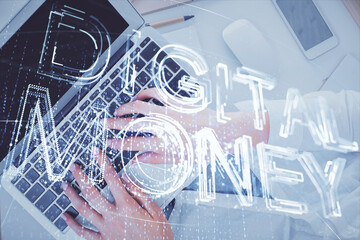 Double exposure of woman hands working on computer and blockchain theme hologram drawing. Top View. bitcoin cryptocurrency concept.