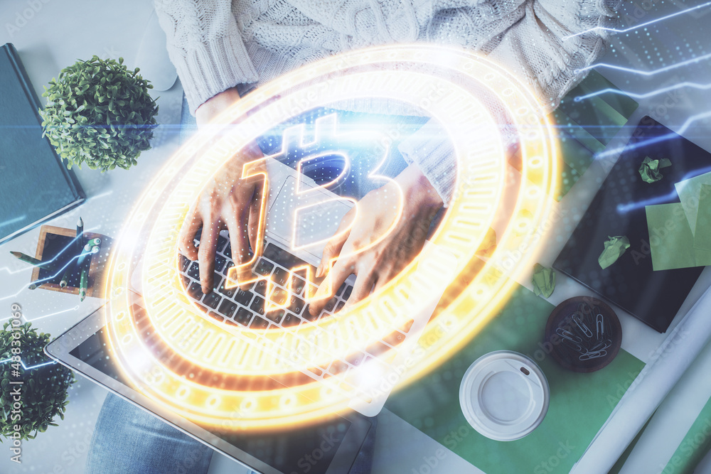 Poster double exposure of woman hands working on computer and blockchain theme hologram drawing. top view. 
