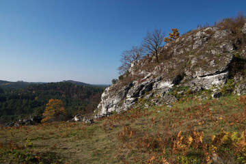 Limestone rocks in Podlesice, Silesian Voivodeship, Poland. Upland Krakow-Czestochowa.