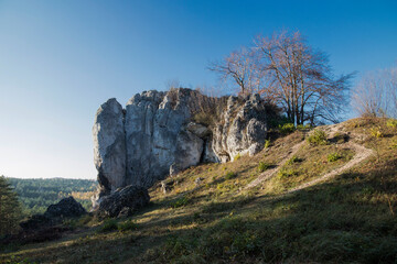 Limestone rocks in Podlesice, Silesian Voivodeship, Poland. Upland Krakow-Czestochowa.