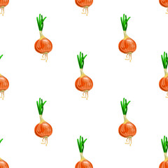 Little ripe onions with sprouted herbs, dry root. Seamless pattern, vector.