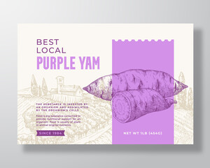 Obraz premium Purple Yam Food Label Template. Abstract Vector Packaging Design Layout. Modern Typography Banner with Hand Drawn Ube Vegetables and Rural Landscape Background Isolated