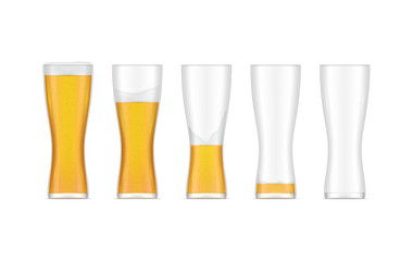 Collection tall glasses with beer full and empty realistic vector glassware filling lager foam