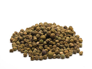 Close-up view of a heap of green peppercorns on white background