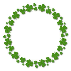 Round frame of shamrocks. Wreath made from confetti clovers. Decorative element for St. Patrick's Day design. Vector illustration
