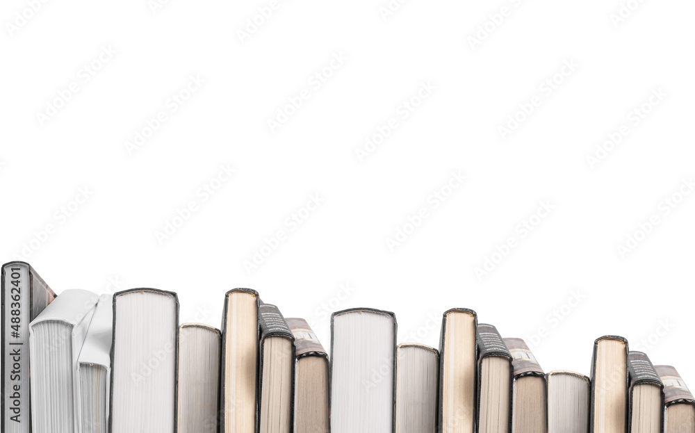 Poster banner with hardback books row isolated on white background. horizontal books border with room for t