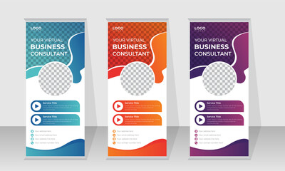 Modern and creative roll up banner, pull up banner design template for business, corporate agencies. Multicolor roll up banner, x banner and standee design template.