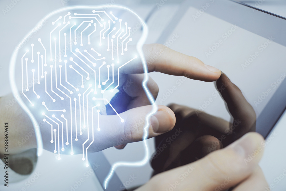 Poster double exposure of man's hand holding and using a digital device and brain hologram drawing. data co