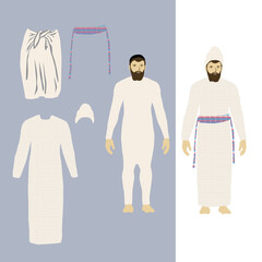 Vector drawing of the lay priest. An Israeli Jew in authentic traditional priestly clothing: bonnet, trousers, plaid shirt, sash. Shearing and dressing game. of work in the Temple in Jerusalem