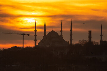 Istanbul landscape. Sunset over Istanbul Silhouette. View of Hagia Sophia and Blue Mosque. Sunset over the dome of Hagia Sophia.