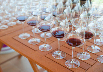 A lot of glasses with wine on the table for tasting