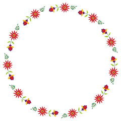Round frame in mexican embroidery Otomi Tenango style. Floral border.