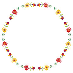 Fototapeta na wymiar Round frame in mexican embroidery Otomi Tenango style. Floral border.