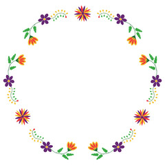 Fototapeta na wymiar Round frame in mexican embroidery Otomi Tenango style. Floral border.