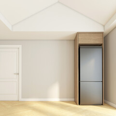 Kitchenette with built-in counters and wood cabinet. 3D rendering