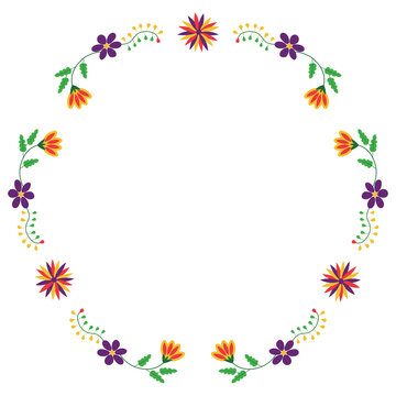 Round frame in mexican embroidery Otomi Tenango style. Floral border.