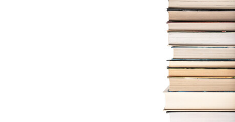 Banner with books pile isolated on white background. Place for text. Education and reading leisure concept. High quality photo