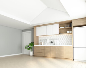 Minimalist style kitchen with built-in counter and wood cabinet. 3D rendering