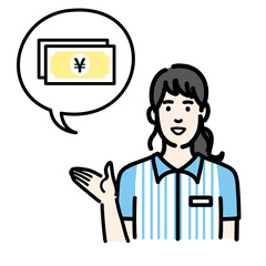 笑顔でお金の説明をしているコンビニ店員の若い女性
