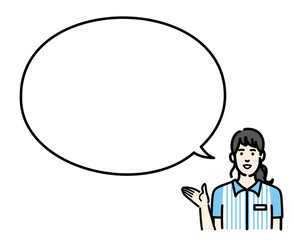 吹き出しで説明をするコンビニ店員の若い女性
