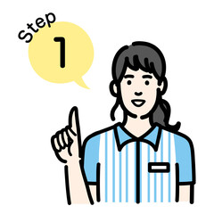 ステップ1 手順について説明をしているコンビニ店員の若い女性
