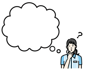 吹き出しで考えているコンビニ店員の若い女性
