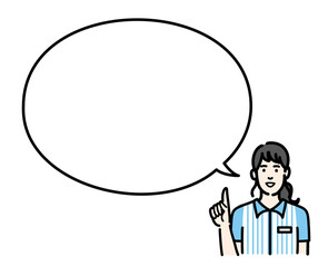 吹き出しで説明をするコンビニ店員の若い女性
