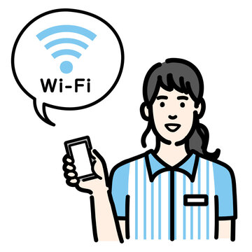 スマホを持ってWi-Fiの説明をしているコンビニ店員の若い女性
