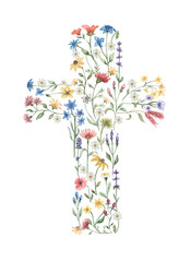 Watercolor Easter Cross Clipart, Wildflowers Cross illustration, Meadow Flowers Baptism Cross, Religious clip art, Wedding Invites, Holy Spirit, Baby shower - 488363400