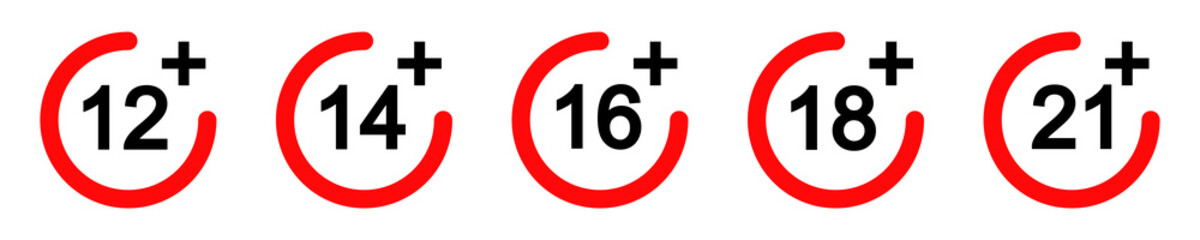 Set of age restriction signs on white background. 12, 14, 16, 18, 21 plus icons set.  Adults content icons.