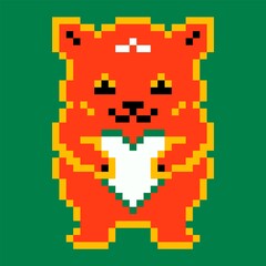 Fototapeta premium Abstract pixel bear. Modern cute pixel animal holding heart. Retro colorful art 90th video game style. Vector illustration