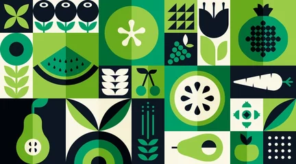 Fotobehang Organic fruit vegetable geometric pattern. Natural food background creative simple bauhaus style, agriculture vector design © Yelyzaveta