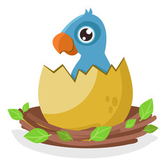 Cute little chick hatches from a beautiful egg in a nest with green leaves. Blue and yellow colors. Vector graphic.