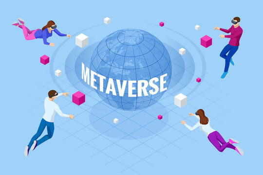Isometric metaverse concept. Network of 3D virtual worlds focused on social connection. Internet as a single, universal virtual world. Virtual reality