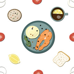 Lemon, tea, fish, bread, tomatoes, lemon and other food drawn in flat illustration, painting, picture, pattern