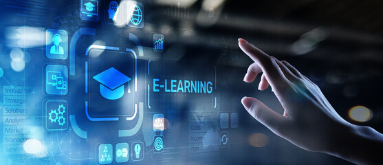 E-learning, Online education, internet studying. Business, technology and personal development concept on virtual screen.