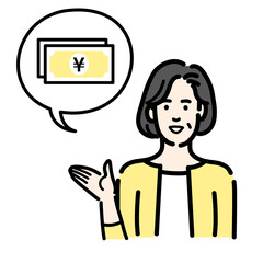 お金の説明をしている中年女性
