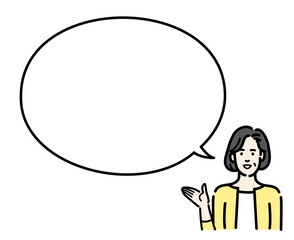 吹き出しで説明する中年女性
