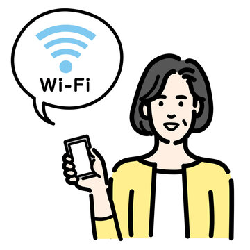 スマートフォンを持ってWi-Fiの説明をしている中年女性
