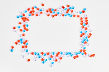 4th of July American Independence Day decorations on white background. flat lay minimalistic compositions, space for text