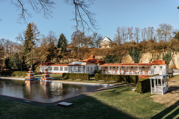 Mseno swimming centre - the town spa in Czech Republic with outdoor swimming pool.Water is drawn from rock spring.Spa buildings built in art nouveau style are surrounded by romantic park.