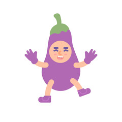 illustration of a child wearing a purple eggplant costume. happy purple eggplant day. celebrate party, carnival, event. flat cartoon style. vector design. element