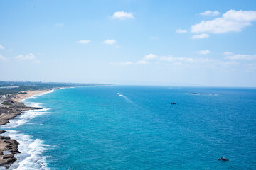 Mediterranean sea, white chalk rocks and some beaches captured from Rosh HaniKra formation in Israel. High quality photo