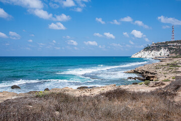 Fototapeta na wymiar Mediterranean sea, white chalk rocks and some beaches captured from Rosh HaniKra formation in Israel. High quality photo