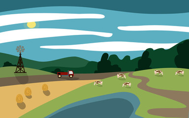 farm, agriculture, fields and truck are shown in the picture, landscape, flat illustration