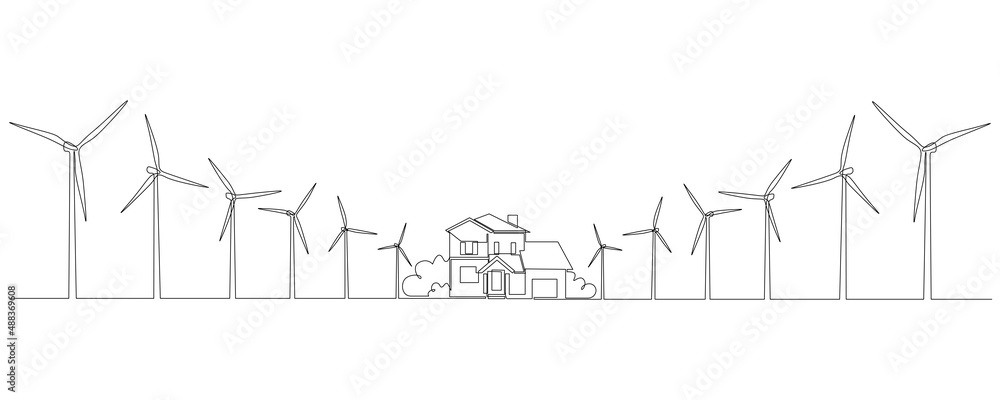 Poster wind farm turbines and windmill with family house in one continuous line drawing. green energy and r