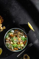 Caesar salad with chicken in a plate on a dark background