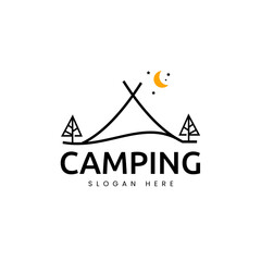 Fototapeta premium Camping logo in line style, moon and stars in the sky minimalist vector illustration
