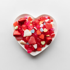 A heart shaped dish filled with Valentine's Day confections.